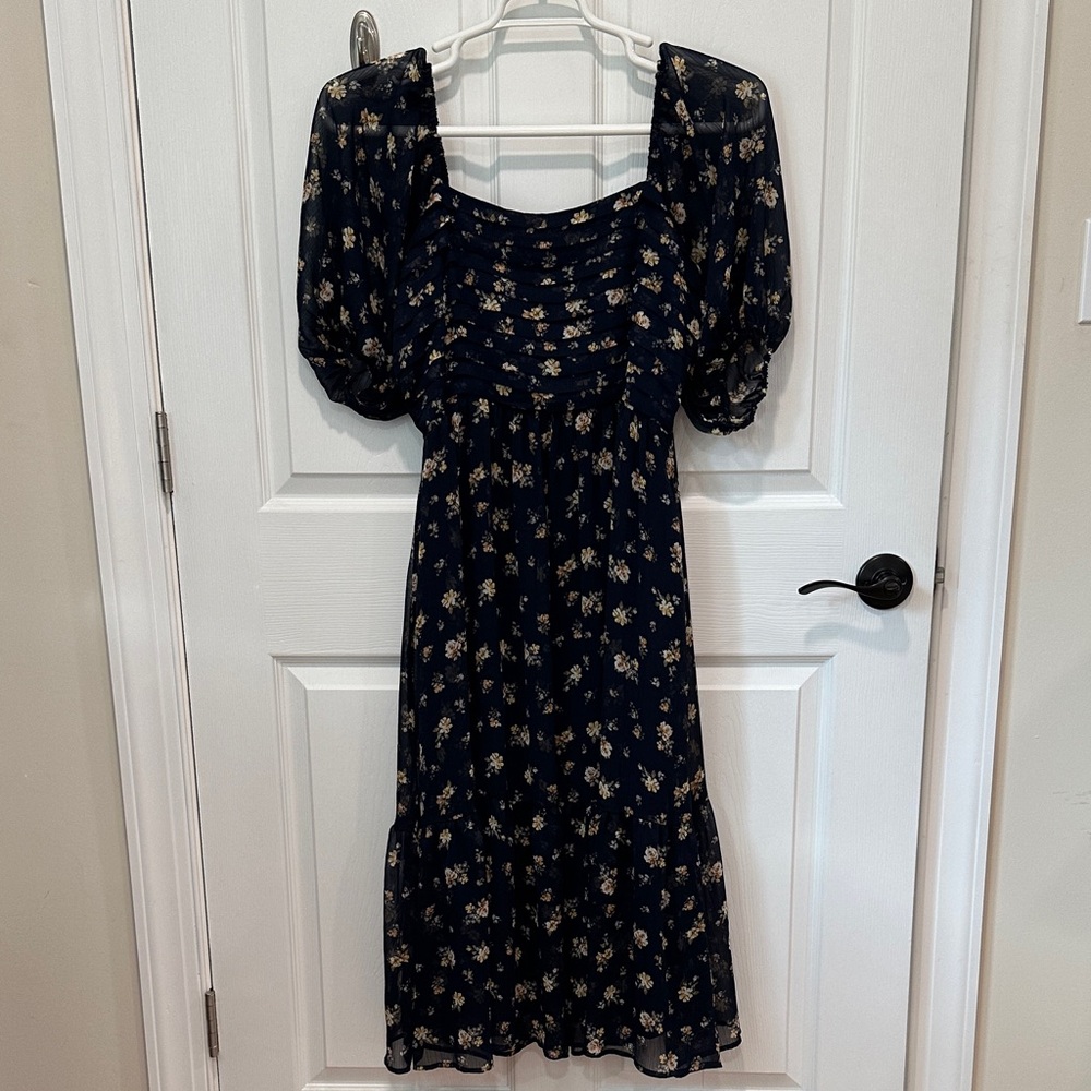 LC Lauren Conrad Navy Floral Puff Sleeve Square Neck Pleated Bodice Midi Dress